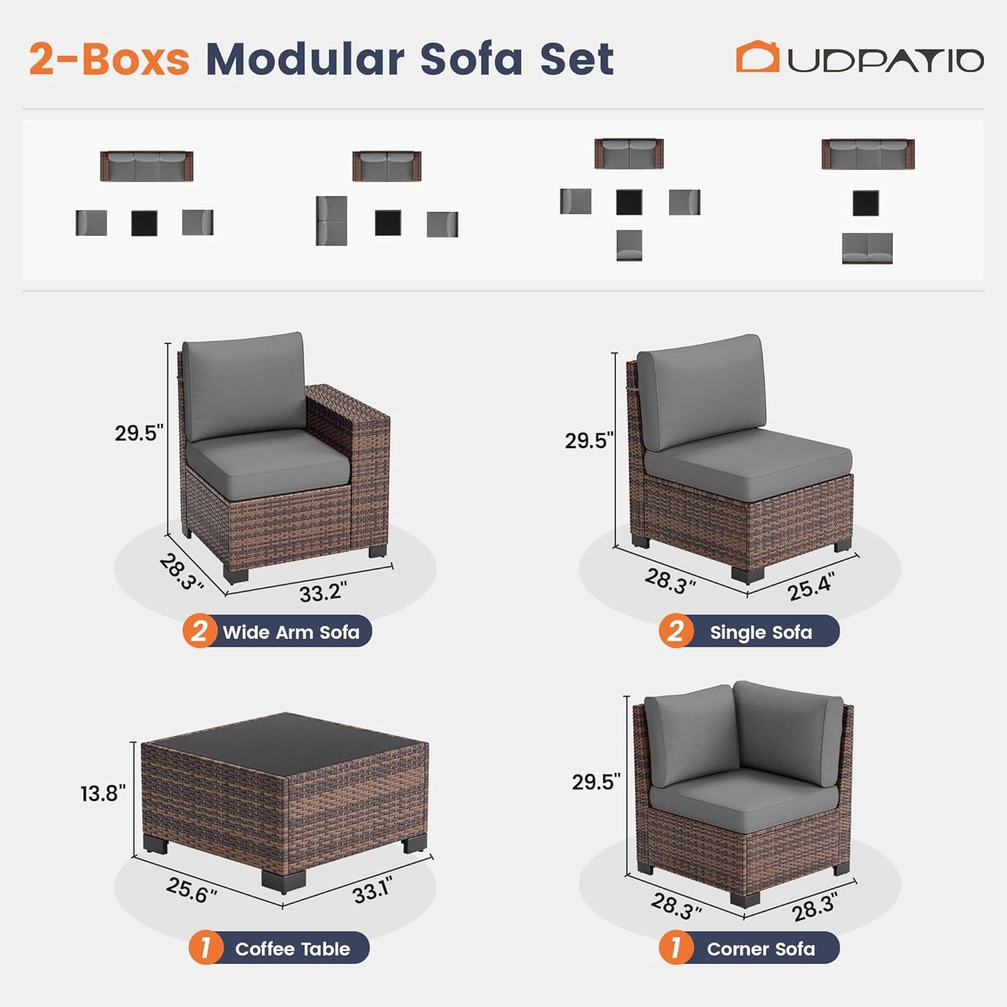 UDPATIO Patio Furniture Set, 8 Inch Armrest Outdoor Sectional Sofa, 6 Piece Wicker Outdoor Furniture Conversation Sets with Waterproof Cover and Coffee Table for Backyard Deck(Brown/Dark Grey)