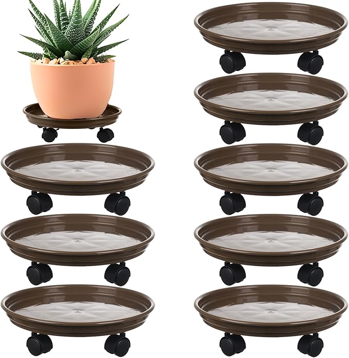 8 Packs Plant Caddy with Wheels 12" Plastic Rolling Plant Stands Heavy-duty Plant Dolly with Casters Indoor and Outdoor Plant Roller Base Large Heavy Plant Pot Saucers with Wheels Plant Mover, Brown