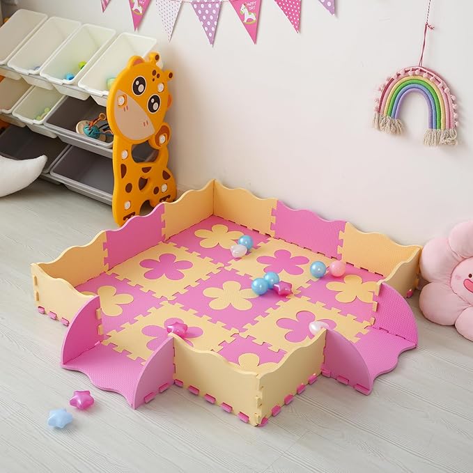 Foam Play Mat for Kids,25Pcs Square Interlocking Puzzle Floor Mat,Baby Play Mat Floor Mat Foam Puzzle Playmat for Toddlers with Fence(Pink Flower-CSH032