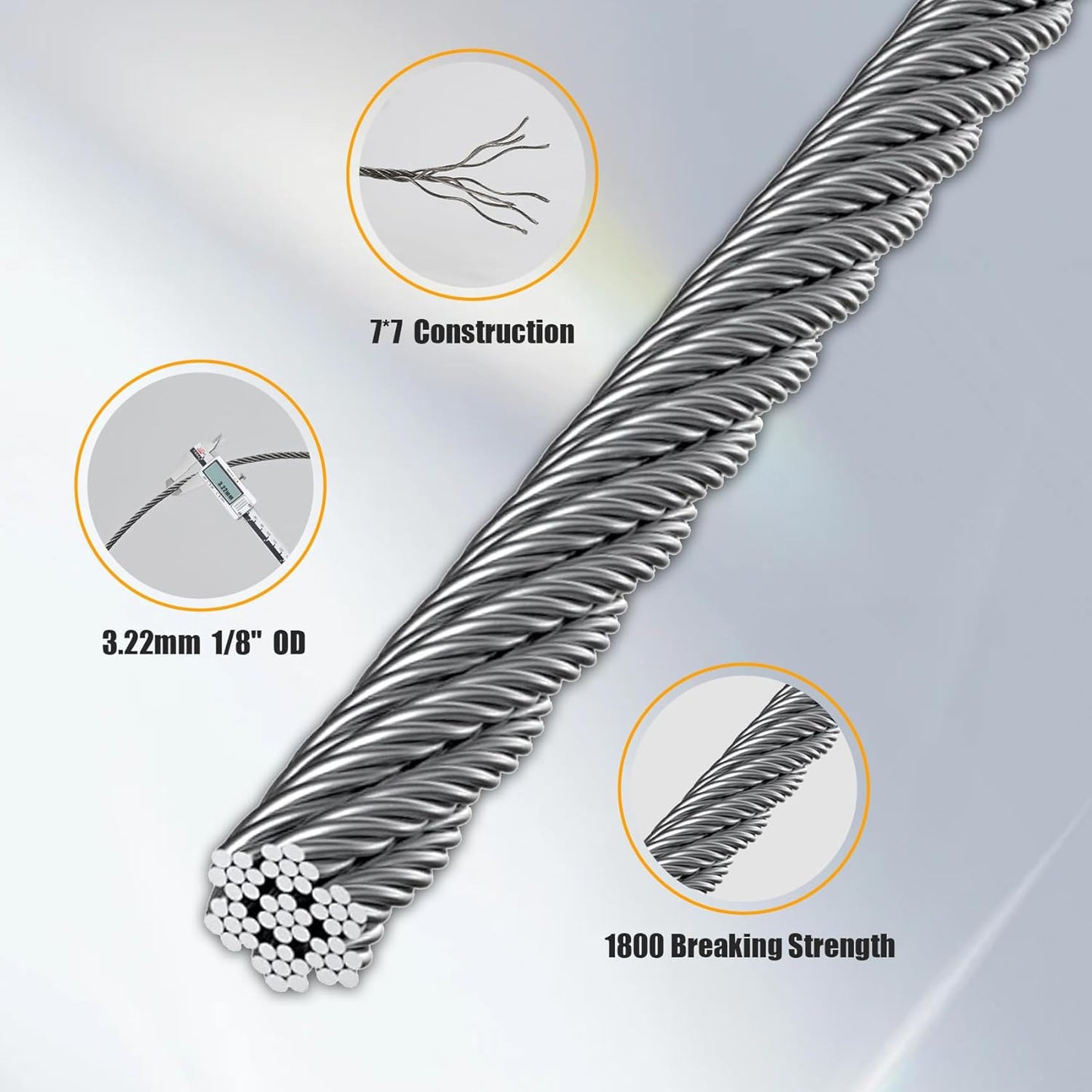 1/8" Stainless Steel Cable, 1500FT Wire Rope with Cutter 7x7 Strand, Aircraft Cable 1800 lb Breaking Strength, Cable for Deck Railing, Fence, DIY Balustrade