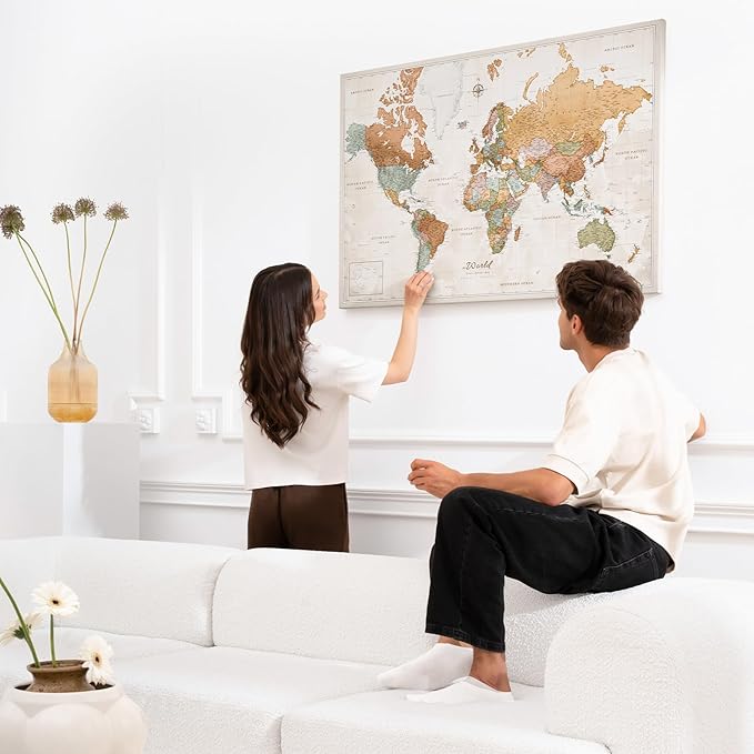 Canvas World Map with Cork Pin Board - English Lettering - Decorative Wall Decoration for All Rooms - Canvas Pictures with World Map Motif (90x60 cm, Pattern 22)