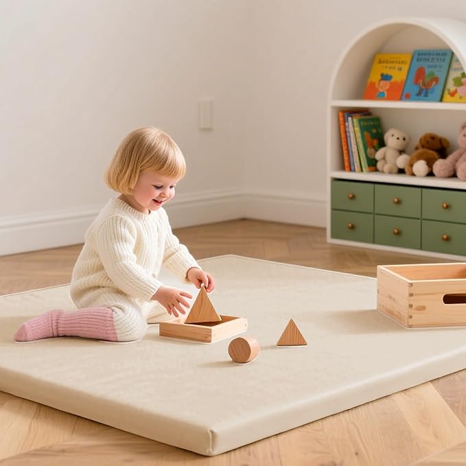 Baby Play Mat 50x50 Inches,1.3" Thick Padded Waterproof Floor Cushion & Playpen Mat with Vegan Leather,Non-Slip & Non-Toxic Nursery Rug for Infants, Toddlers & Kids(Beige)