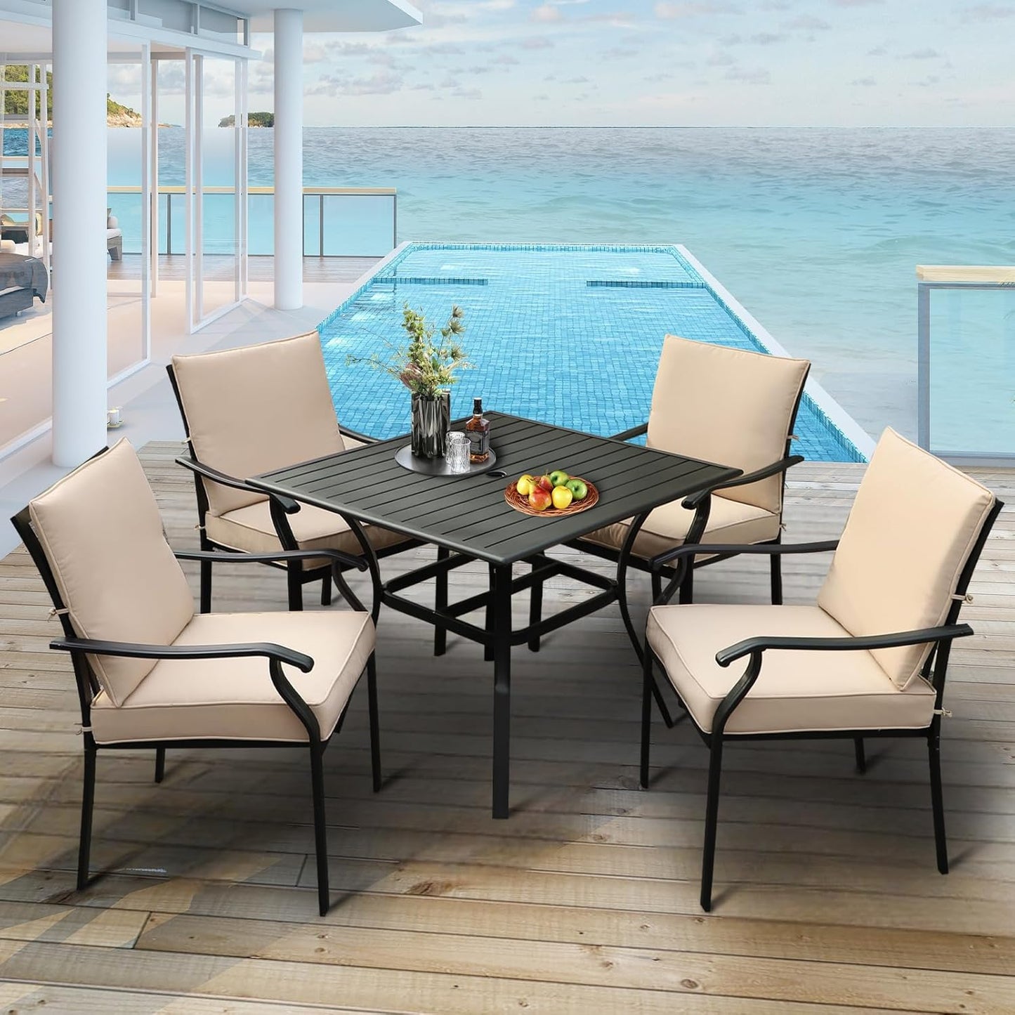 5-Piece Outdoor Patio Dining Set, Outdoor Metal Chairs & Square Metal Patio Table, All Weather Outdoor Furniture Dining Set for Patio, Balcony, Lawn, Garden, Backyard (1 Square Table+ 4 Chairs)