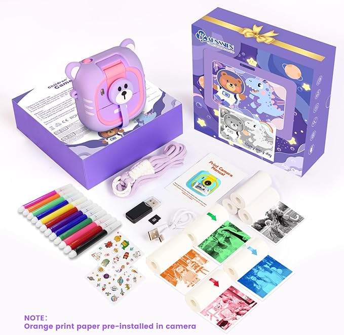 Kids Camera Instant Print, 7 Print Paper (4 Color: O/R/G/B+3 B&W), 2.4" Screen Instant Camera for Kids Ages 3-12,1080P, 180°Flip Lens,32GB Card- Christmas Birthday Present for Boys & Girls,M2