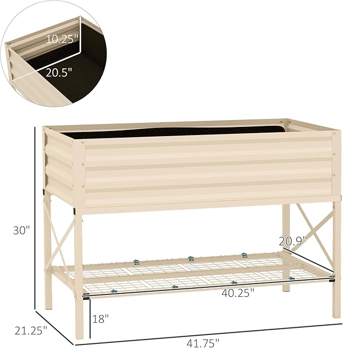 Outsunny Raised Garden Bed with Galvanized Steel Frame, Storage Shelf and Bed Liner, Elevated Planter Box with Legs for Vegetables, Flowers, Herbs, Cream