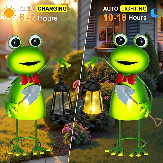 Solar Garden Lights Frog Statue with Solar Lantern lights,13.78in Frog Decoration Fairy Accessories,Birthday Gifts for Women Mom Grandma,Big Metal Decorative Stakes for Home decor,Patio,Porch,Yard Art
