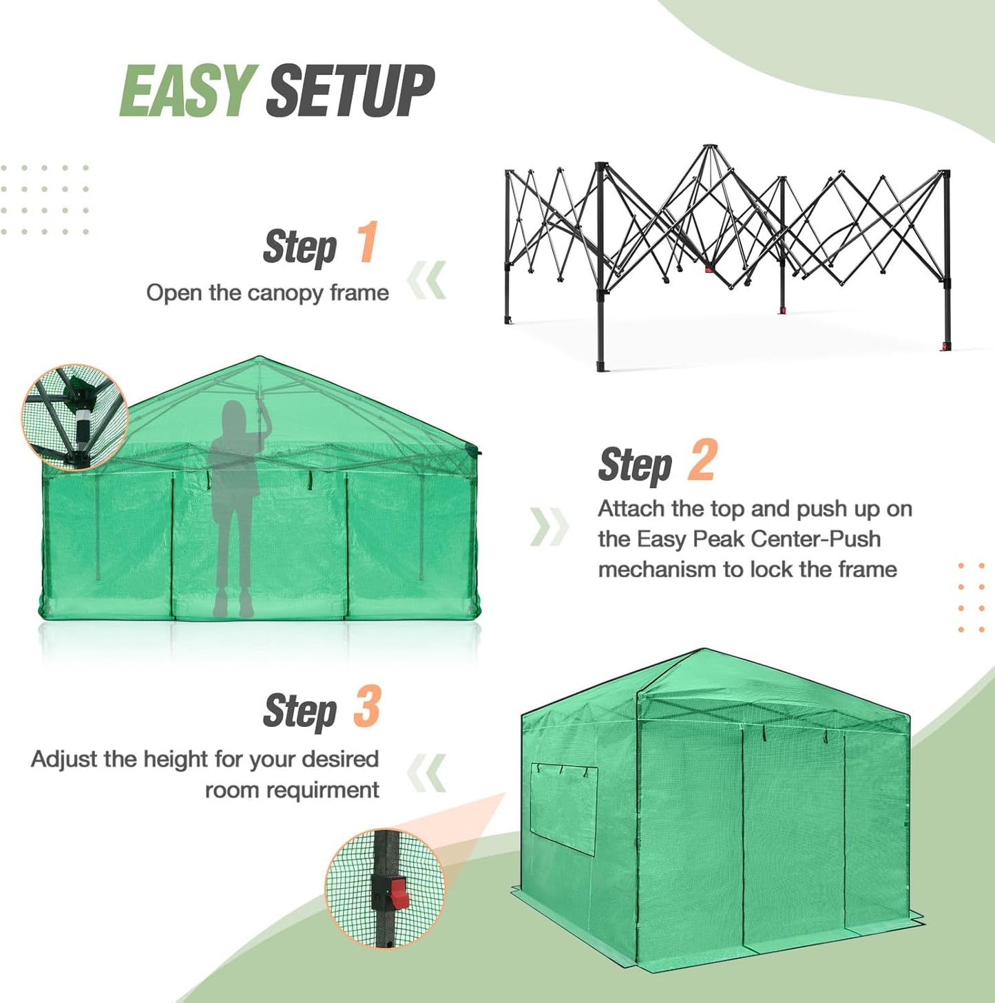 EAGLE PEAK 10x10 Portable Walk-in Greenhouse, Pop-up Indoor Outdoor Garden Green House, Zippered Doors and Windows, PE Cover, Green
