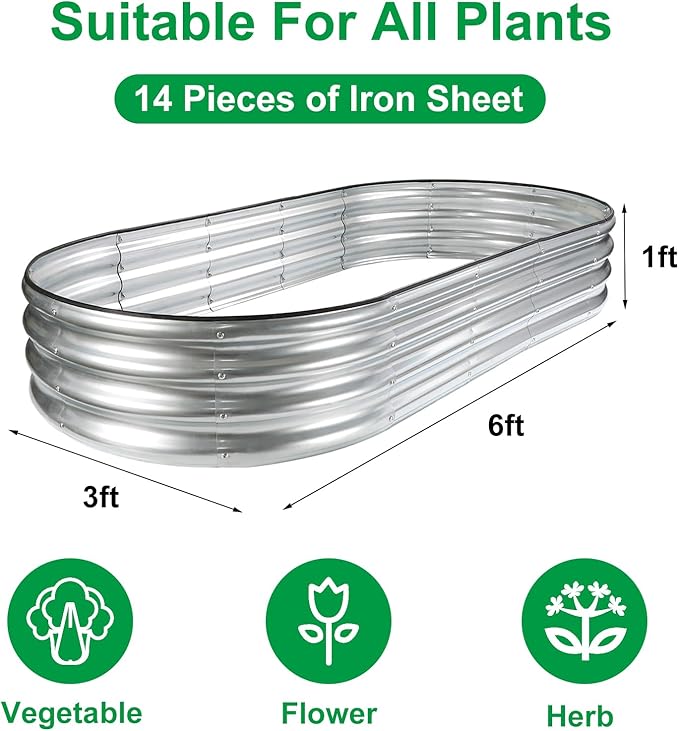JERIA 6×3×1ft Oval Raised Garden Bed,Galvanized Raised Garden Bed Kit Outdoor Metal Gardening Planter Box for Vegetable, Fruits, Flower,Herbs