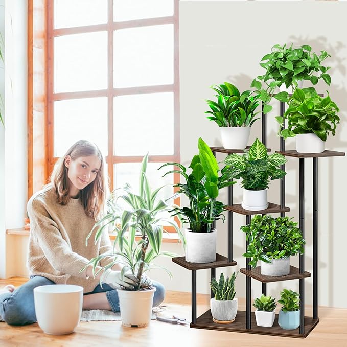 7 Tier Wood Tall Plant Stand Metal Rack Indoor, Multiple Flower Pot Holder Shelves Corner Rack, Planter Shelf Display Rack Storage Organizer for Patio Living Room Balcony Garden(Black Oak)