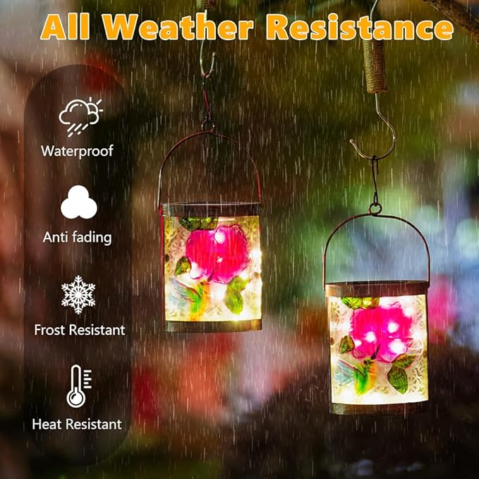 2 Pack Hummingbird Hanging Solar Lanterns Outdoor Waterproof LED Light Tabletop Glass Solar Lantern for Garden Patio