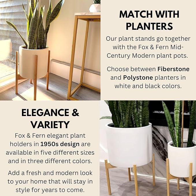 Fox & Fern Bamboo Plant Stand — 10 Inch Fixed Size Mid Century Plant Stand for Indoor Planters; Raised Flower Pot Holder for Indoors; Plug In Design; Two Height Options; Easy to Assemble - Bamboo