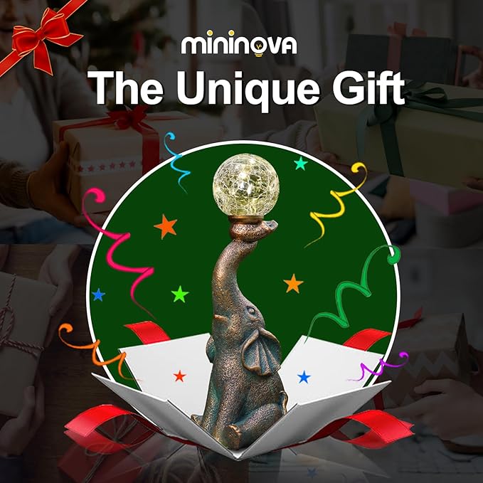 MININOVA Garden Decor Outdoor Statues Elephant with Cracked Glass Ball, Cute Solar Figurine for Patio, Lawn, Yard Art Ornament Decorations (8 LED Lights)