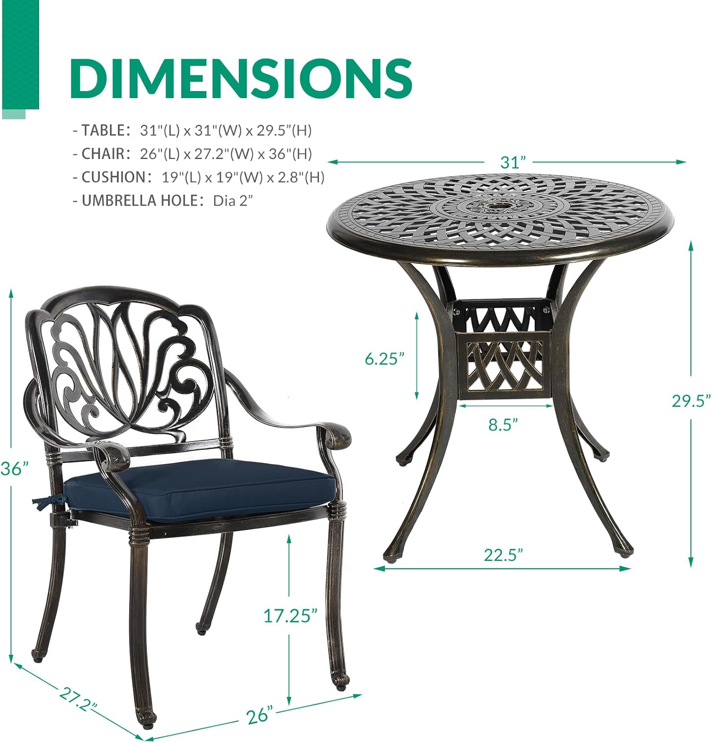 VIVIJASON 3-Piece Patio Furniture Dining Set, All-Weather Cast Aluminum Outdoor Bistro Set, Include 2 Chairs, 2 Cushions and 31" Round Table w/Umbrella Hole for Balcony, Backyard, Navy Blue Cushion