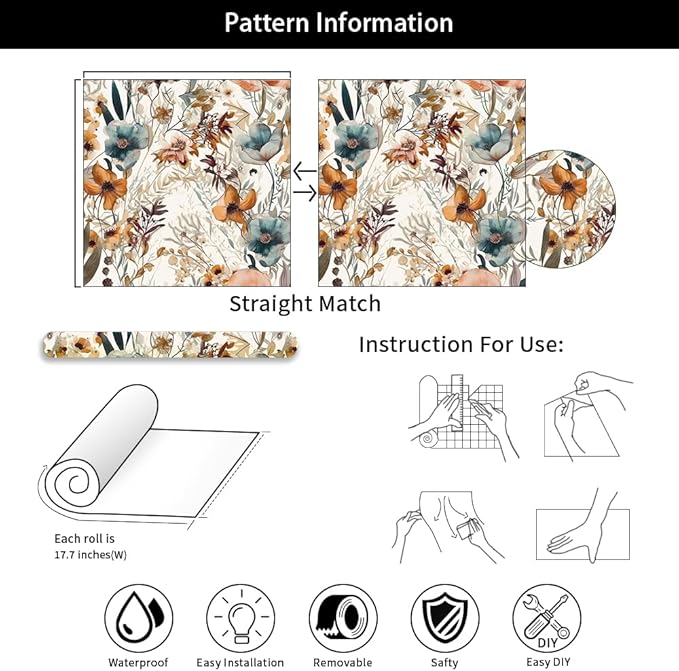 Boho Flowers Brown Leaf Plants Botanical Peel and Stick Wallpaper Self Adhesive Removable Easy Peel Off Stick on Wall Paper for Bedroom Cabinet Renter Friendly