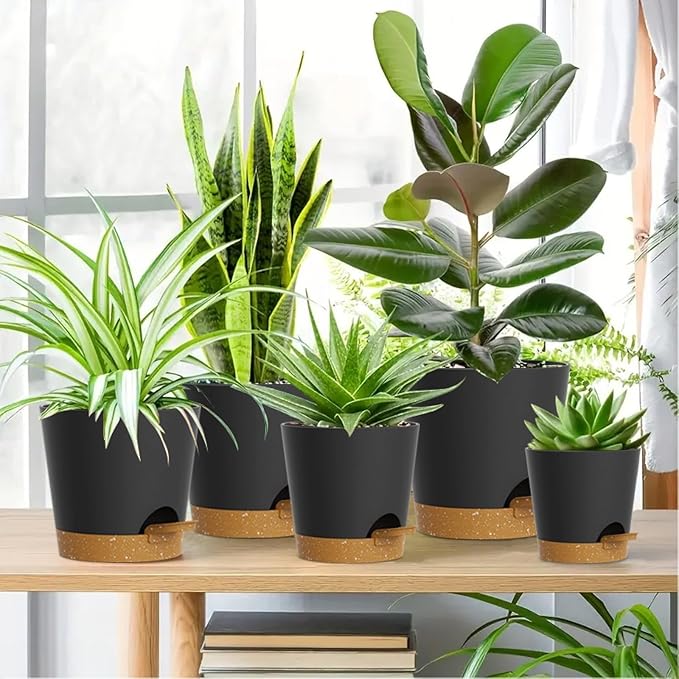 7/6.5/6/5.5/5/4 inch Self Watering Pots for Indoor Outdoor Plants, 6 Pack Plastic Flower Planters with Drainage Holes and Removable Saucers, Plant Pots with Wicking Rope, Black Brown