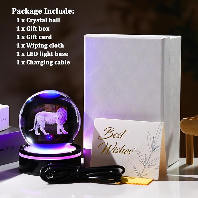 YWHL 3D Crystal Ball Lion Figurine with LED Base, Lion Gifts for Men Women Lions Lovers on Christmas Birthday, Lions Ornament Glass Sphere Decorative Ball for Home Decor (80mm)