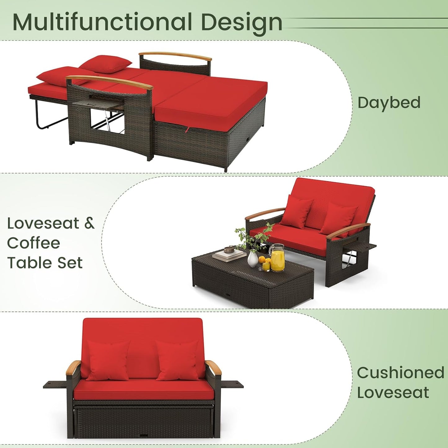 Tangkula Patio Rattan Daybed Set with Cushioned Loveseat and Storage Ottoman, Outdoor Double Chaise Lounger with 4-Level Adjustable Backrest and Retractable Side Trays for Backyard (Red)