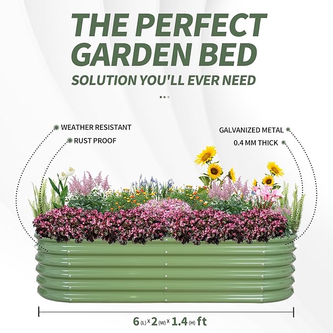 1MORE Galvanized Raised Garden Bed- Planter Garden Boxes Outdoor, Raised Beds for Gardening, 6x2x1.4ft Metal Garden Bed Kit for Vegetables Flower, Planter Raised Bed with Protective Tape & Tools.Green