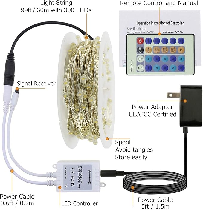 RUICHEN Orange Dimmable Fairy Lights Plug in, 99 Ft 300 LED Twinkle String Lights with Remote, Waterproof Silver Wire Firefly Lights for Bedroom, Patio, Yard, Christmas, Halloween, Party