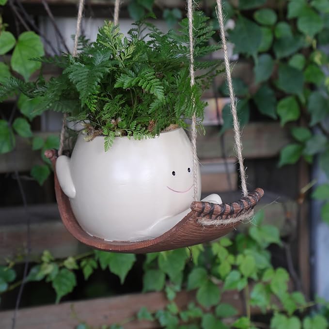 Hanging Hammock Planter Pot Swing Smile Face Planter for String of Pearls Plant Live Resin Head Flower Pots for Indoor Outdoor Plant Gift Ideas for Mother Day, Christmas
