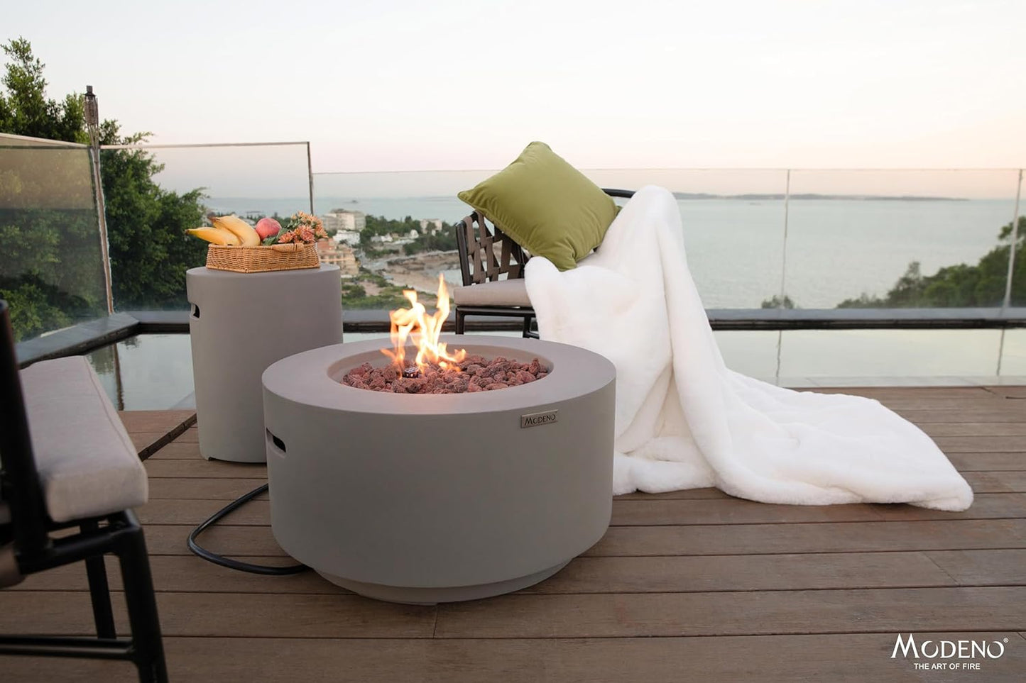 AMS Fireplace | Modeno Waterford Package | Light Gray Natural Gas Fire Pit Table for Outside Patio Bundle with Wind Guard, SS Burner Lid | Free Ice Bucket & Rubber Mat
