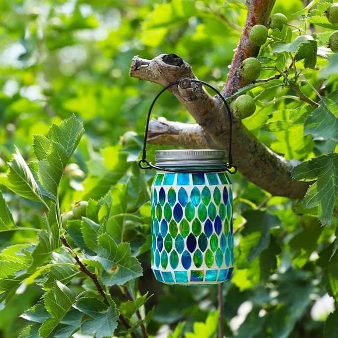 VOREEN 2 Pack Mosaic Solar Lanterns, Outdoor Glass Hanging Lights, Solar Table Lamps, Waterproof Night Lights, Jar Lights Easter Gifts, Decoration for Garden, Patio, Yard, Balcony, Blue&Red