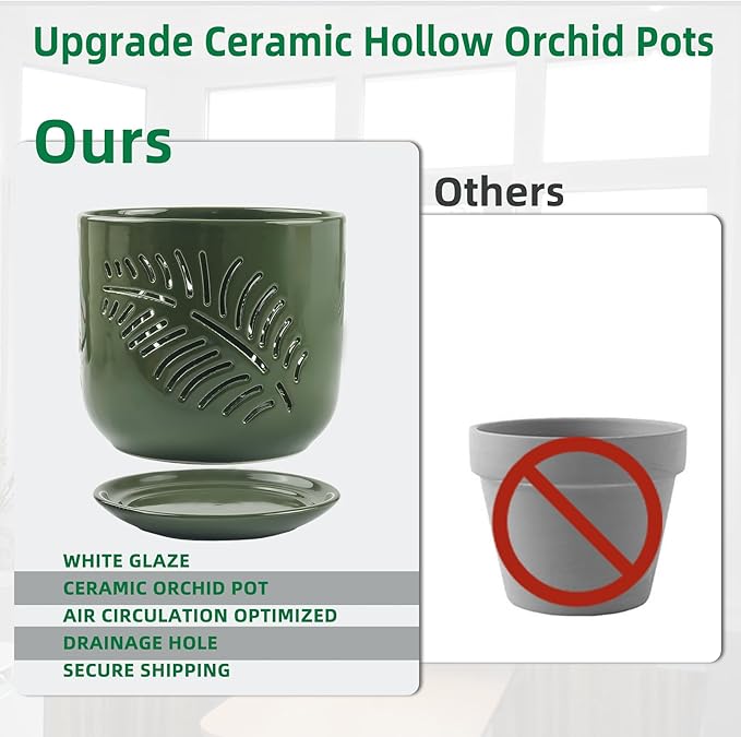 Ceramic Orchid Pots, 6+5 inch Orchid Pots with Holes,Orchid Pots for Repotting,Healthy Air Circulation Plant Pots for Plant Lovers,Planters for Indoor/Outdoor Plants -2 Pack