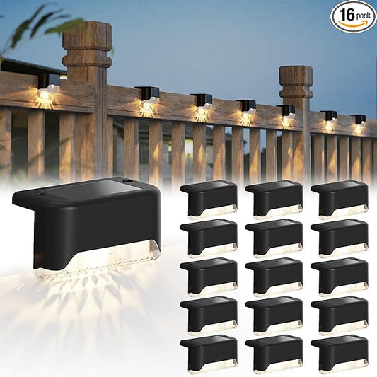 JACKYLED Solar Deck Lights 16 Pack Solar Fence Light Solar Powered Outdoor Step Light IP65 Waterproof LED Solar Pathway Light for Deck Fence Railing Garden Patio StairYard, Black