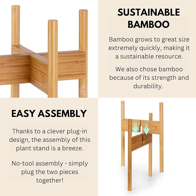 Fox & Fern Set of 3 Bamboo Plant Stand Indoor — Modern Raised Flower Pot Holders for 8, 10 & 11.8 Inch Planters (Not Included); Plug In Design; Two Height Options; Easy to Assemble - Bamboo