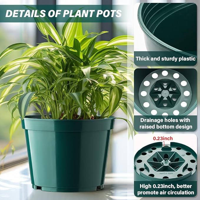 15 Pack 6 Inch Plant Pots with Drainage Holes, Sturdy Plastic Nursery Pots for Plants, Thickened Flower Pots for Indoor Outdoor Planting Transplanting, Succulents, Seedlings, Green