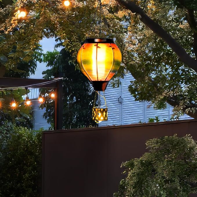 Starsoul Solar Hot Air Balloon Lantern with Flame Multi-Color Hot Air Balloon Lantern with Candle Holder Metal & Glass Hanging Garden Light Waterproof Outdoor Lantern Decor