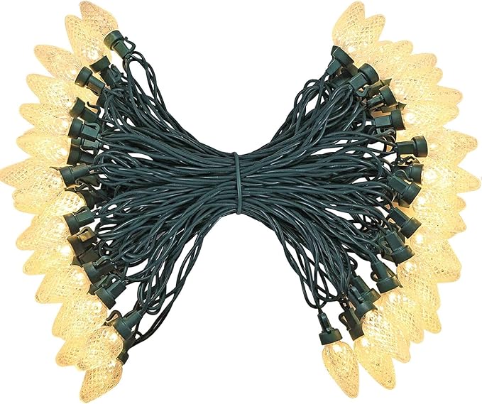 DEWENWILS C7 Warm White Christmas Lights, 33.3ft 50 LED String Lights Waterproof, Indoor/Outdoor Decorations for Xmas Tree, Patio, Garden, Yard, Porch, Green Wire, UL Listed