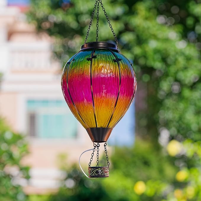 Large Solar Hot Air Balloon Lantern with Flame, Colorful Glass Hanging Balloon Lanterns Outdoor Waterproof Garden Decor for Yard Patio, Birthday Mother's Day Gifts for Women Mom