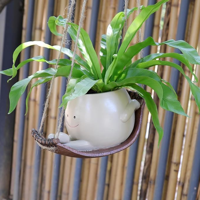 Hanging Hammock Planter Pot Swing Smile Face Planter for String of Pearls Plant Live Resin Head Flower Pots for Indoor Outdoor Plant Gift Ideas for Mother Day, Christmas