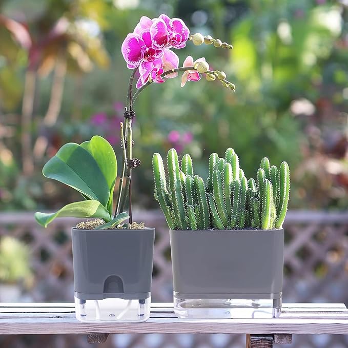 Self Watering Pots for Outdoor Plants 4 Pack, Suitable for Indoor and Outdoor Garden Plants and Flowers, Rectangle Planter Box, African Violet Pots, Modern Flower Pots, Small Plant Pots (7" Gray)