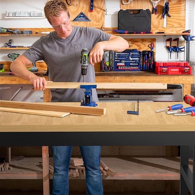 60" Adjustable Workbench,Heavy-Duty Work Table,3000 LBS Load Capacity Particleboard Hardwood Workstation Outlets with Fixed feet,for Workshop, Garage