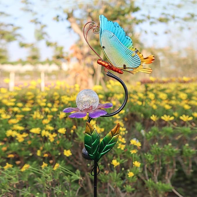 HONGLAND Solar Butterfly Garden Lights, Outdoor Lights Garden Decor for Outside, Flower Yard Decorations, Metal Yard Art for Patio Decor, Gifts for Mom