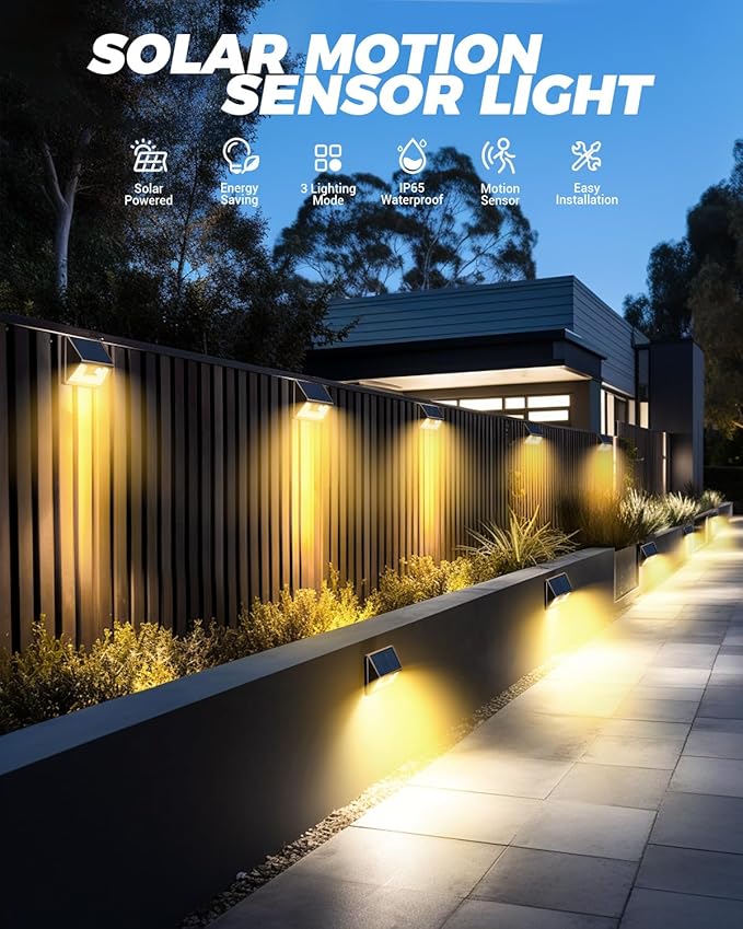 12 Pack Solar Motion Lights for Outside, Waterproof Fence Lights Outdoor, Warm White LED Wall Lights Wireless for Yard Steps Stairs Garden - Brown