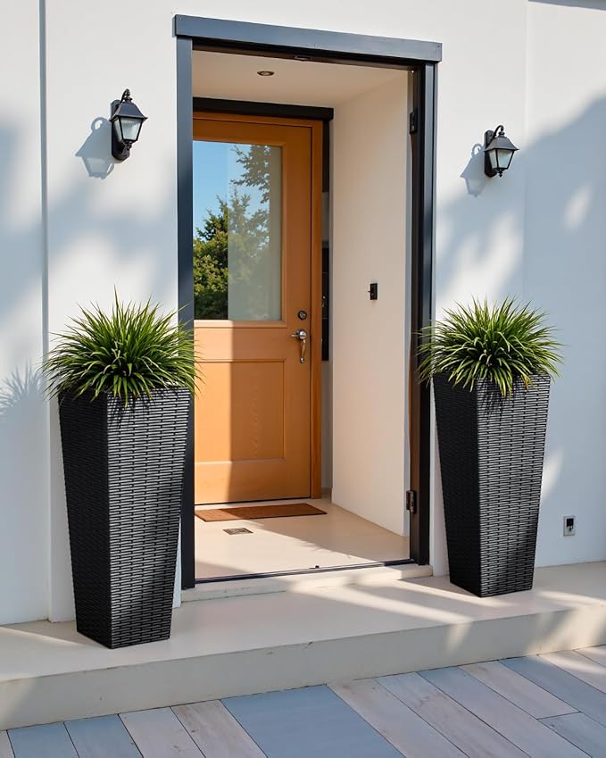 Greesum 32 Inch Tall Plastic Planters with Rattan Texture – Set of 2, Detachable Inner Pot & Drainage Holes, Indoor/Outdoor Decorative Flower Pots for Large Plants, Trees, Patio, and Garden, Black