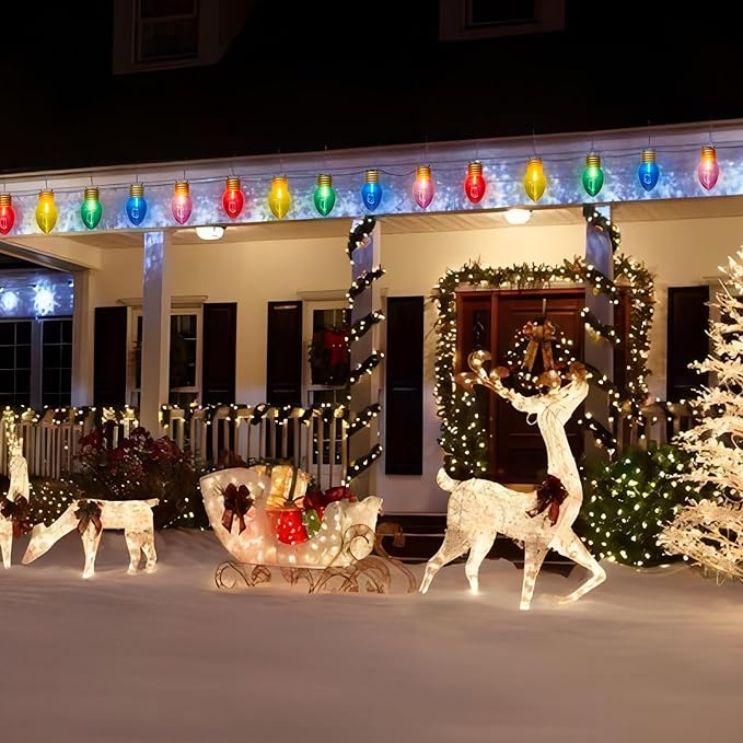 16FT Jumbo Christmas Lights Outdoor,C7 Giant String Light Christmas Outdoor Hanging Lights with 10 Large Clear Multicolor Bulb for Holiday Home Roof Yard Garden Decorations