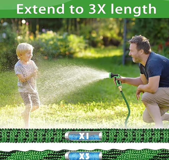 J&B XpandaHose 75ft Expandable Garden Hose with Holder - Heavy Duty Superior Strength 3750D - 4 -Layer Latex Core - Extra Strong Brass Connectors and 10 Spray Nozzle w/Storage Bag (Green 75)