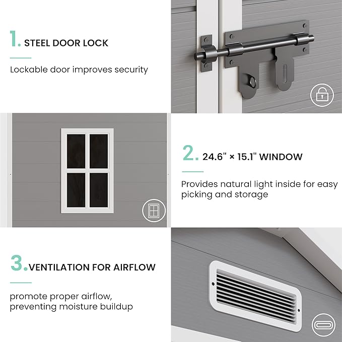 UDPATIO Outdoor Storage Shed 7.5x10.7 FT, Grey & White Resin & Steel Shed with Lockable Door for Backyard, Patio, Lawn