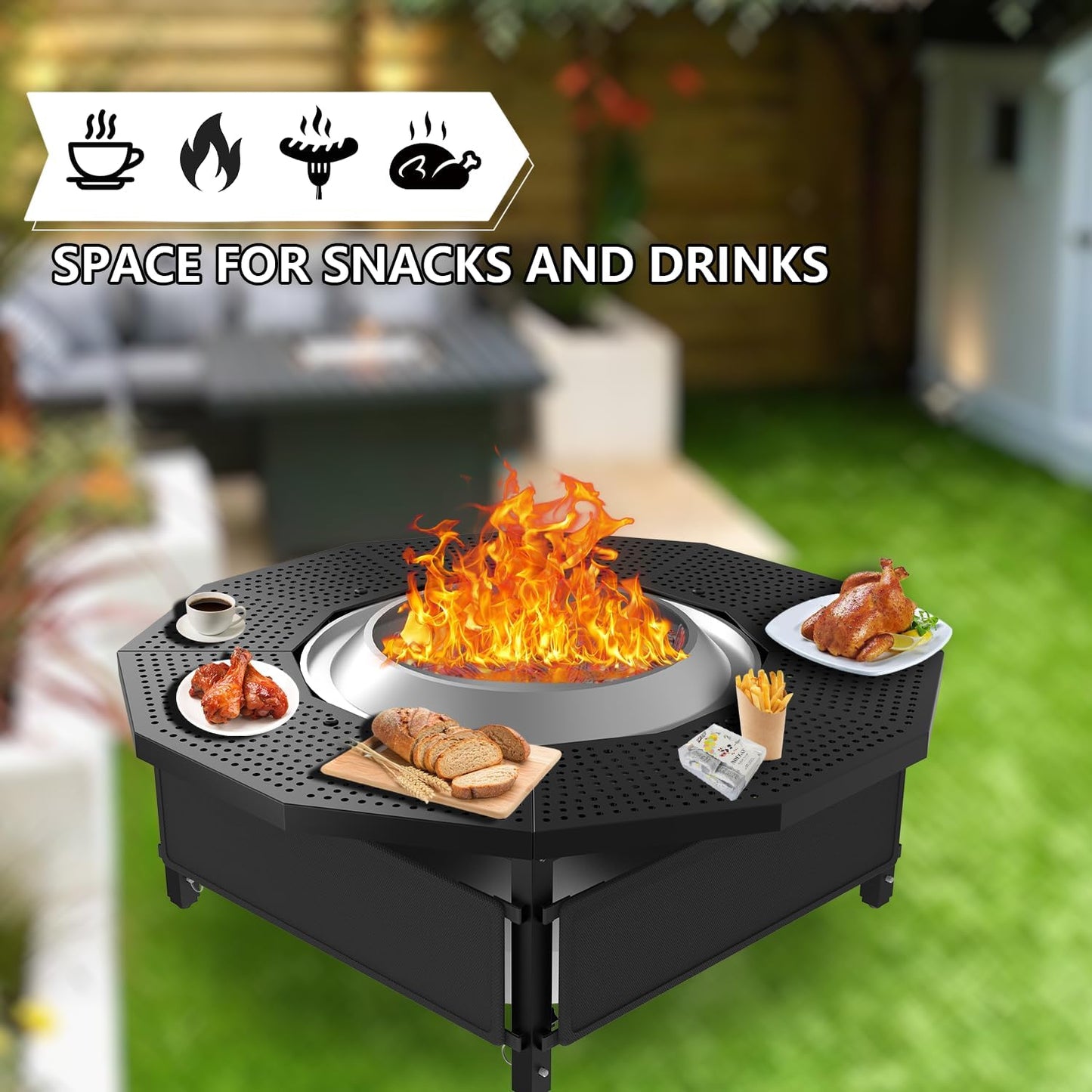 Fire Pit Surround Tabletop Use for Solo Stove Bonfire Ranger Yukon 2.0, with Coated Steel and UV-Resistant Outdoor Fabric, Adjustable Tabletop for Solo Stove Bonfire Accessories, Thick Metal