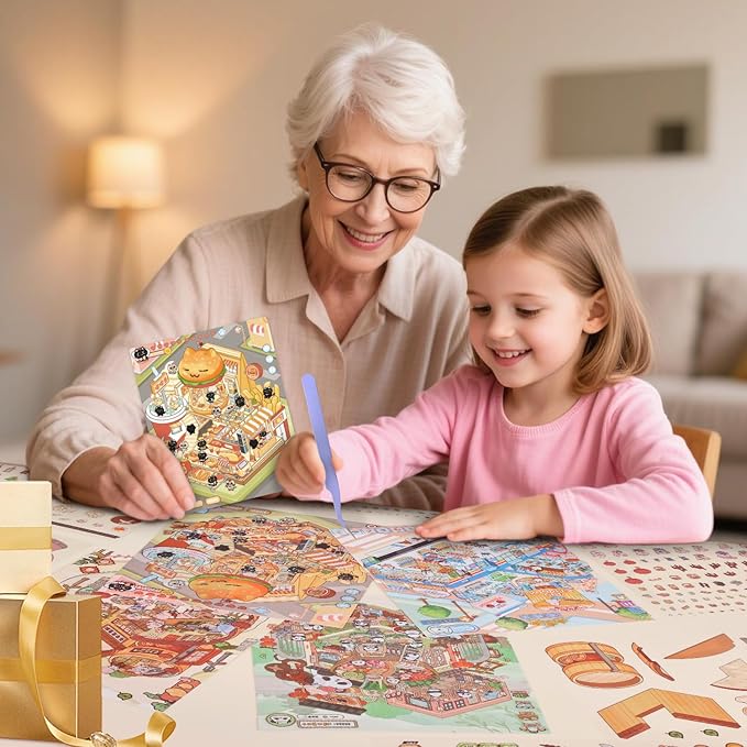 Girls 3D Miniature Scene Stickers, 4 Sets Mini Stores DIY House Stickers for Burger, Hot Pot, Convenience Store, Breakfast, Cute 3D Cartoon Scene Stickers for Adult Kids Relief Stress Pass The Time