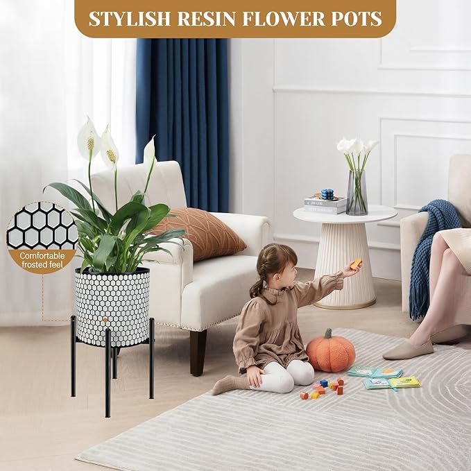 12 Inch Flower Pot Without Bracket with Drainage Holes Suitable for Indoor and Outdoor Decorative Planting (Black White Hexagon, 12 Inches)