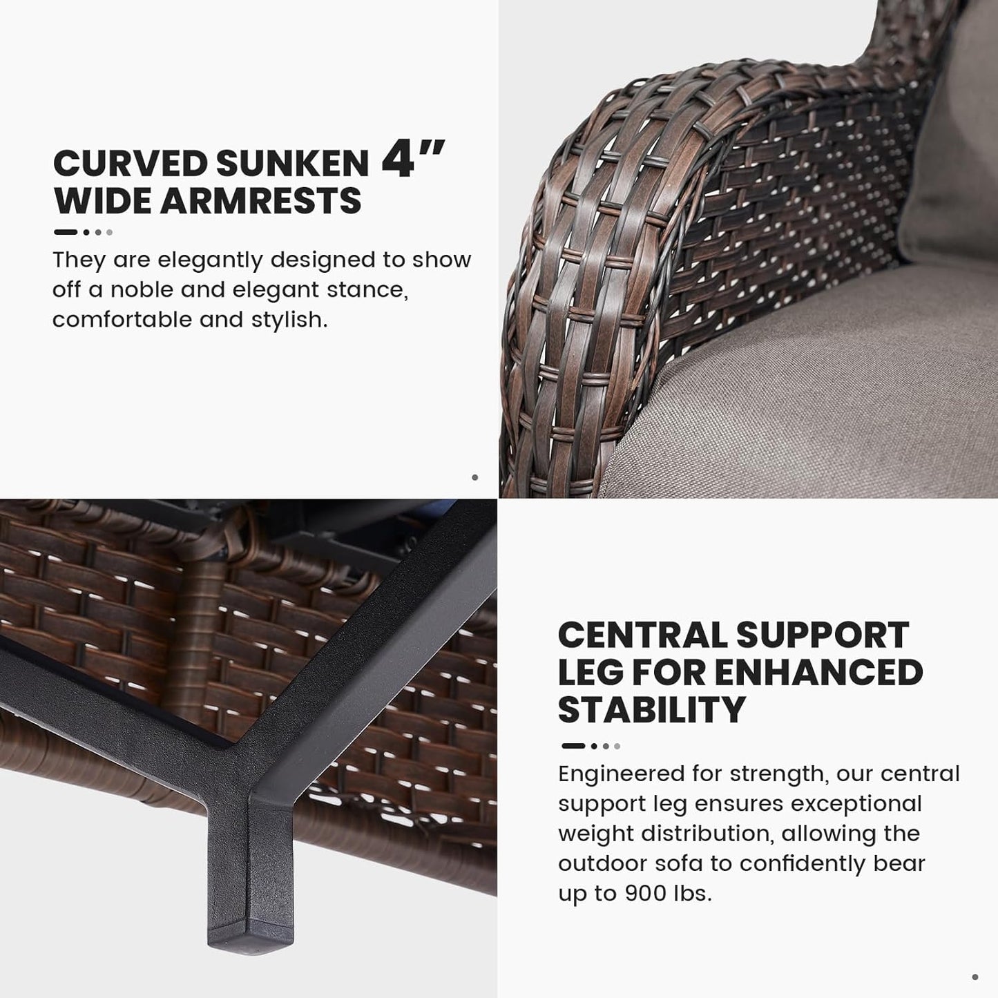 Outdoor Furniture 3-Seater Rattan Sofa Patio Wicker Sofa Couch Furniture Set with Washable 4” Grey Cushions