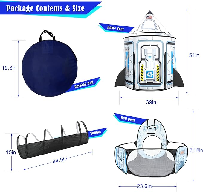 Kids Ball Pit for Play Tent: 3PC Rocket Ship Baby Gifts with Projection Flashlight, Spaceship Tents and Crawl Tunnel for Toddlers, Astronaut Pop Up Playhouse Toys for Indoor Outdoor Games (White)