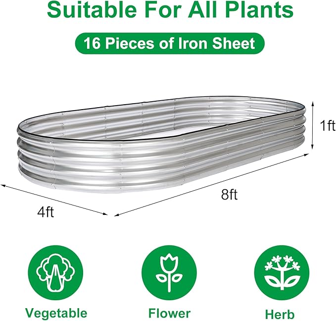 JERIA 2 Pcs 8×4×1ft Oval Raised Garden Bed,Galvanized Raised Garden Bed Kit Outdoor Metal Gardening Planter Box for Vegetable, Fruits, Flower,Herbs