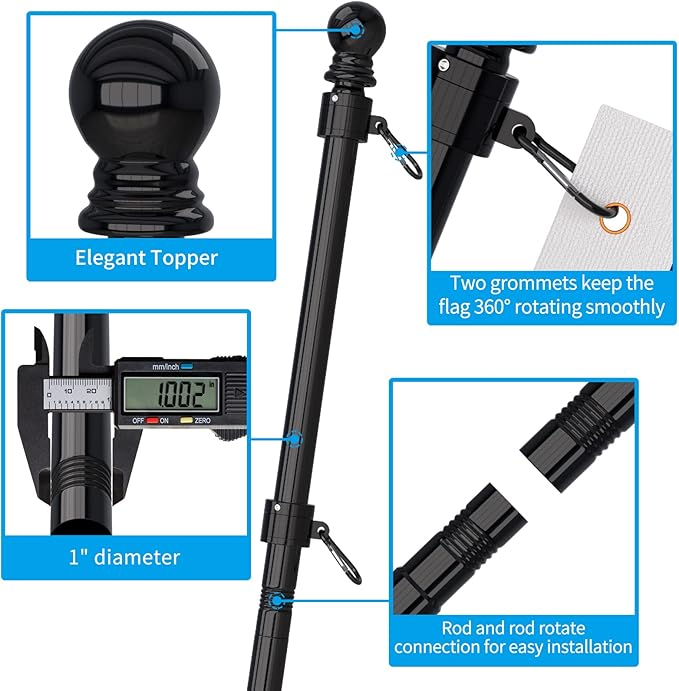 ZMTECH 6FT Flag Pole Kit with Solar Light and Proud American Flag, Adjustable Bracket and Upgraded Tangle-Free Ring 1" Stainless Steel Flagpole for Day and Night, Residential, Commercial, Black