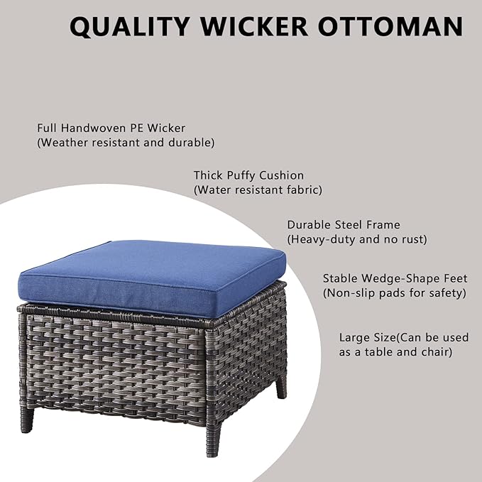 Outdoor Wicker Patio Furniture Set - 5 Pieces Rattan Patio Conversation Set with 2 Rocking Swivel Chairs,2 Ottomans and 1 Side Table for Porch Deck Backyard Garden(Mixed Grey/Blue)